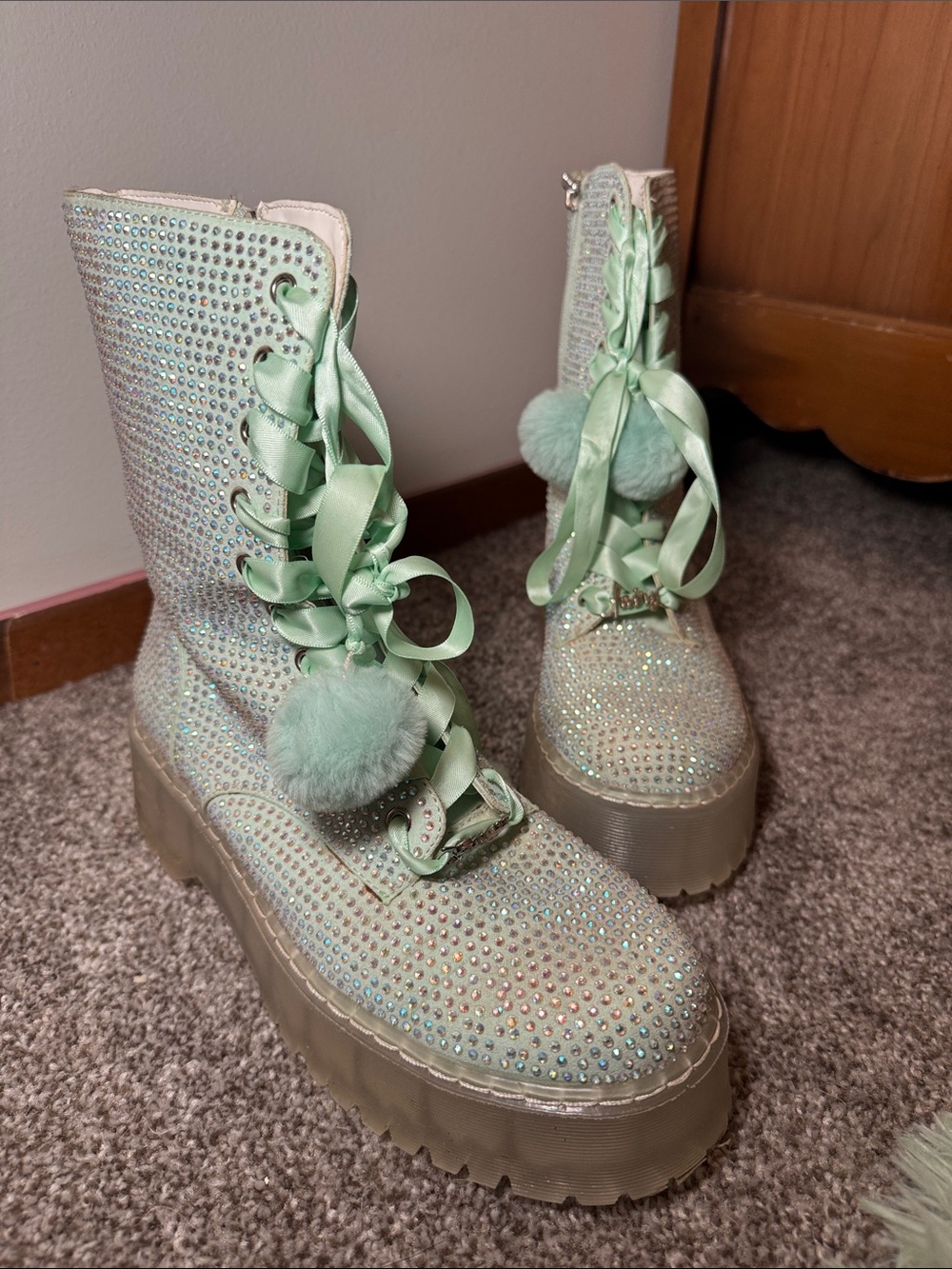 Dolls Kill Mint Green Rhinestone Platform Lace-Up Boots with Pom Poms
